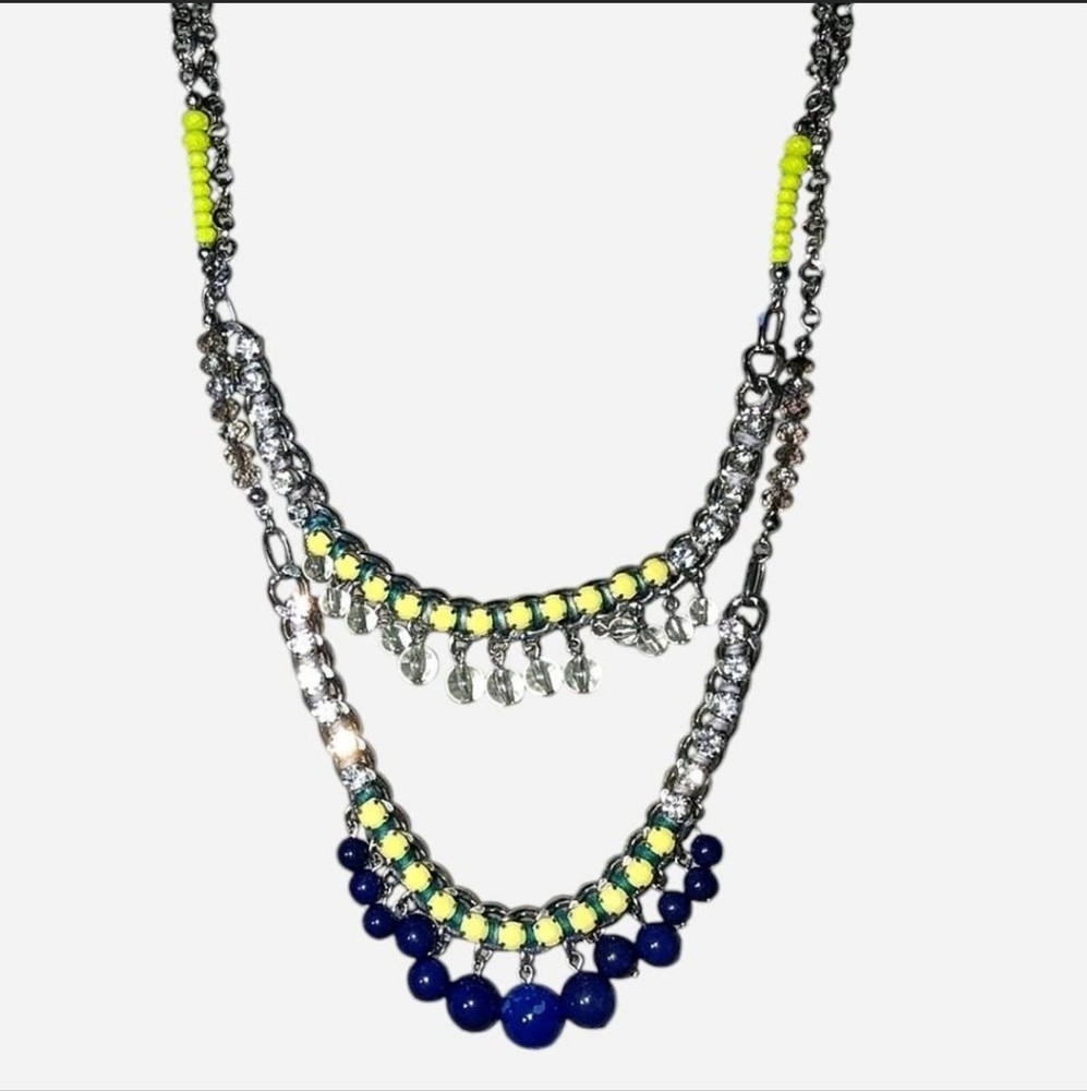 Ann Taylor LOFT Silver Yellow and Blue Glass Beaded Necklace LAYERED 0254